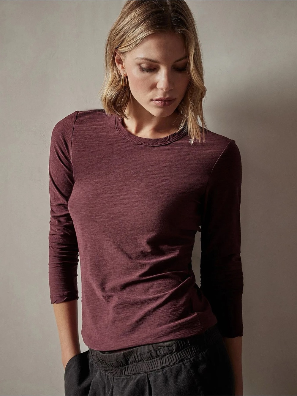 James Perse Sheer Slub Long Sleeve Crew burgundy